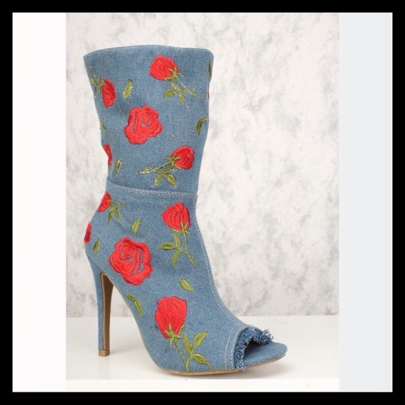 Denim Floral Embroidered Peep Toe Booties - Picture 2 of 6